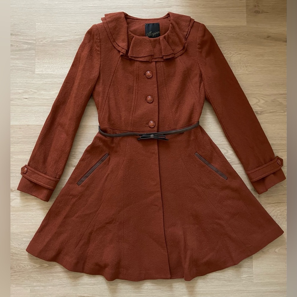 ANTHROPOLOGIE MCGINN OXIDIZED RUFFLE BELTED COAT, SIZE SMALL, NWOT